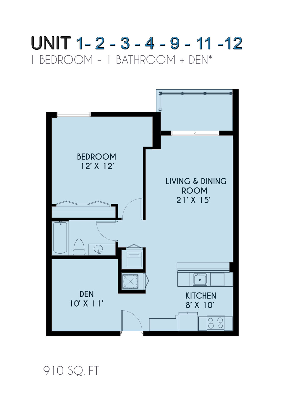 1 Bedroom + Den Floorplan – 910 SF
