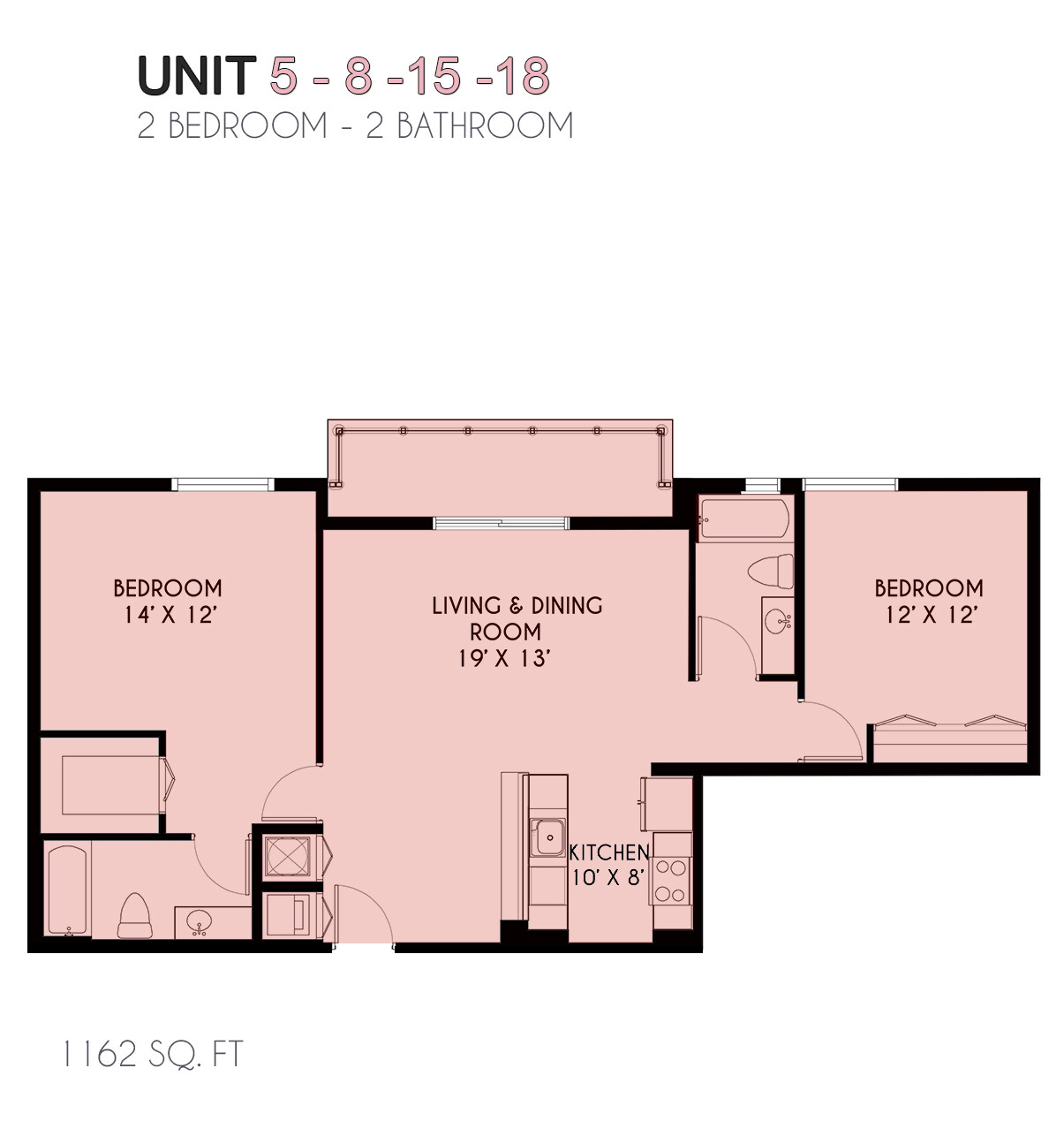 2 Bedroom / 2 Bath Floorplan – 1,162 SF