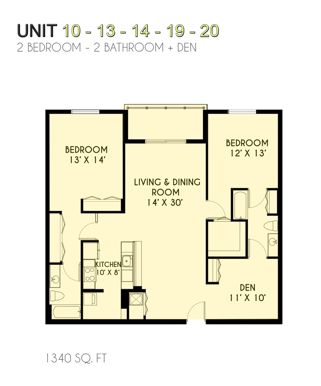 2 Bedroom / 2 Bath + Den Floorplan – 1,340 SF