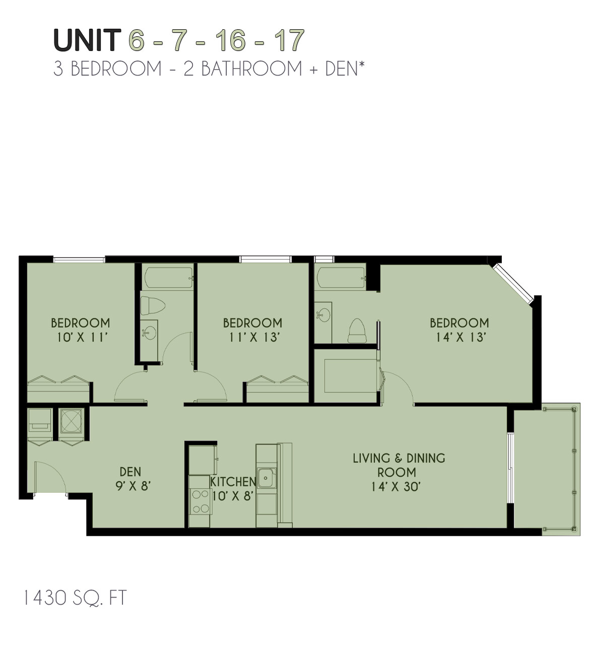 3 Bedroom / 2 Bath + Den Floorplan – 1,430 SF